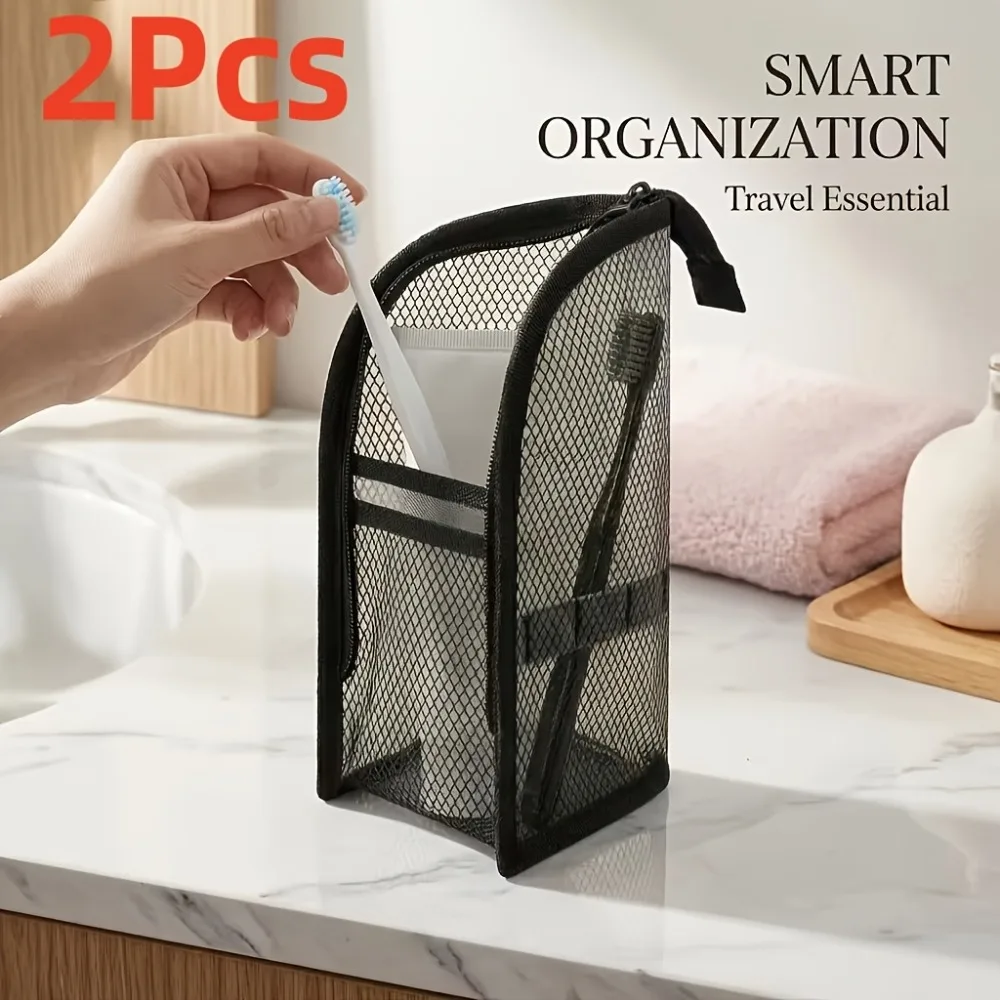 2pcs Toiletry Bag Mesh, Portable Travel Toothbrush Holder & Makeup Brush Organizer, Multi-Functional Cosmetic Pouch