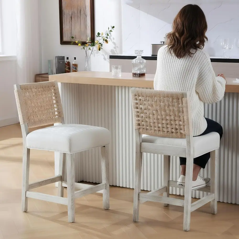 Set of 2 White Boho Linen Fabric Counter Height Stools with Woven Rope Back for Kitchen Island and Patio