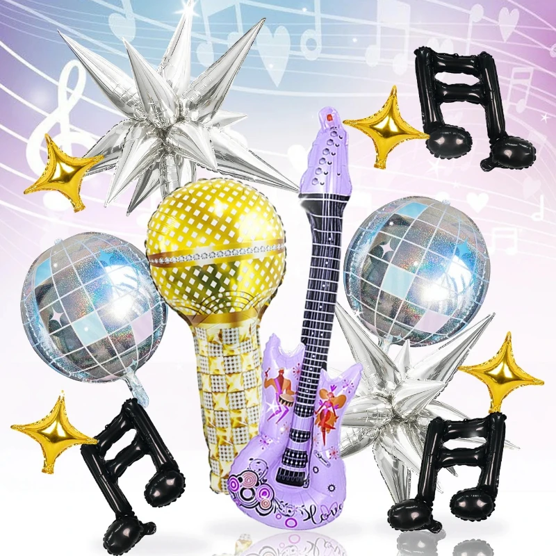 24pcs Purple Guitar Party Balloon Set Pop Music Microphone Disco Ball Black Musical Note Star Balloon Birthday Party Decoration