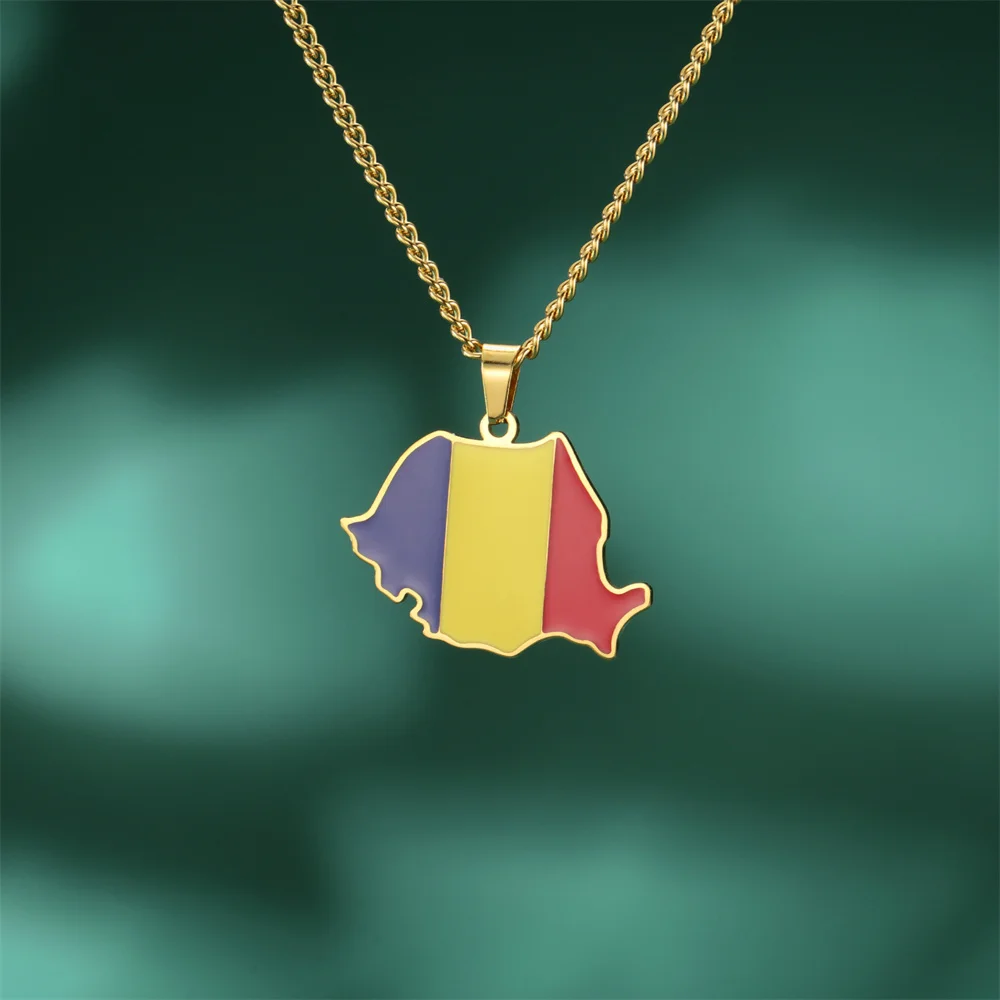 EUEAVAN Emaille Rumänien Karte Halskette Frauen Männer Edelstahl Trendy Rumänische Flagge Anhänger Ketten Halsband Ethnische Schmuck Geschenke – Detail 8