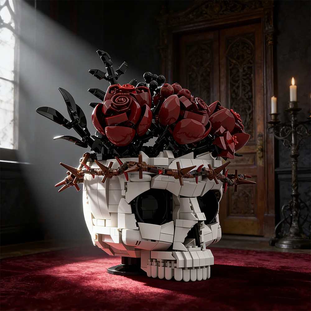 

Gobricks MOC Gothic Skull Preserved Roses Flowers Building Blocks Model Skull Flowers Potted Decorate Bricks Assemble Toys Gifts