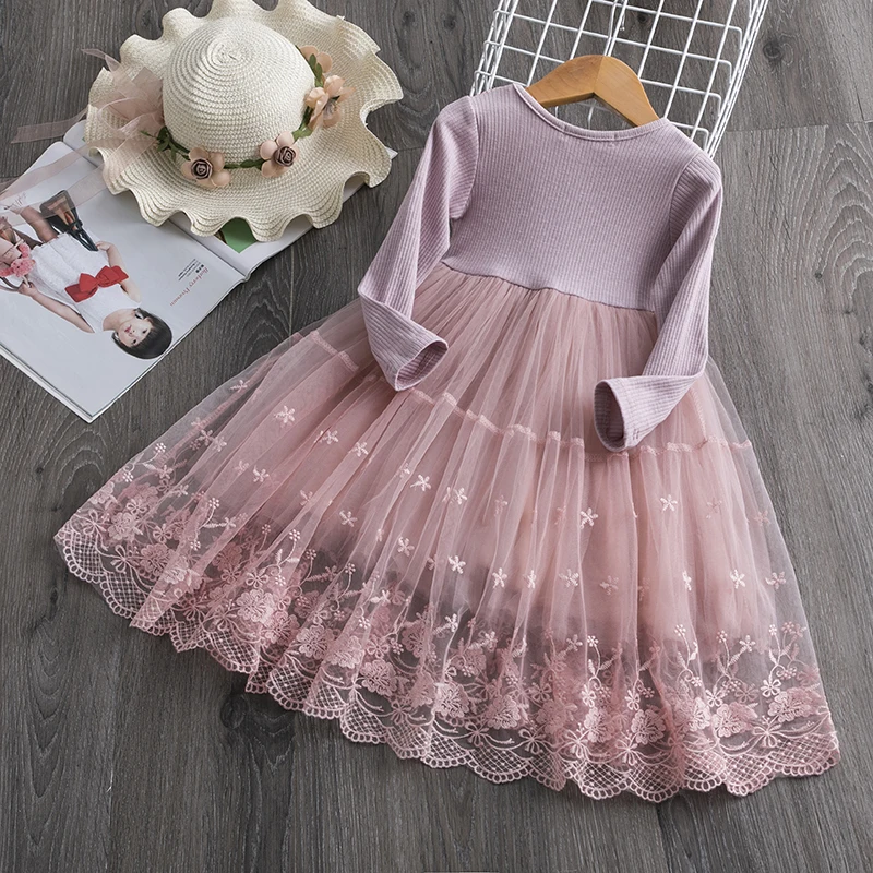 Girls Spring Summer New Dress Lace Tutu Flower Party Dress Kids Mesh Long Sleeve Holiday Casual Clothing Birthday Vestidos 3-8T