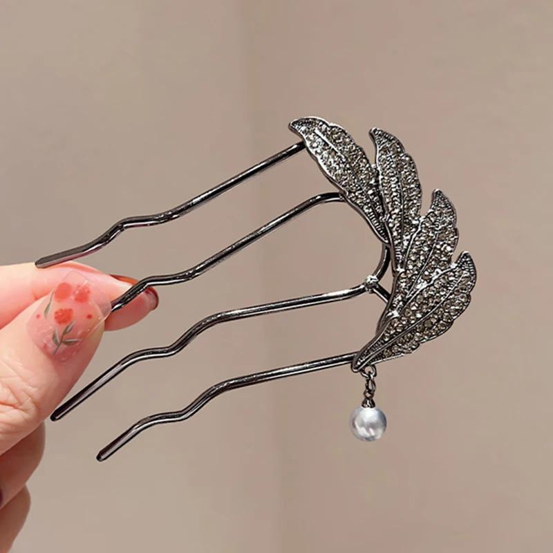 Chinese Antique Style Rhinestone Leaf U-shaped Hair Comb With Pearl Tassel High-end Daily Metal Hairpins for Women