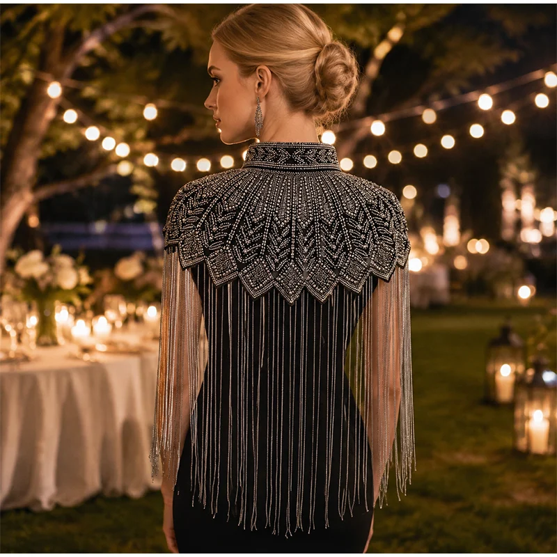 Handmade Beaded Tassel Shawl Vintage Embroidered Cloud Collar Sari Wrap for Wedding Banquet Party Bride & Mother of Bride/Groom