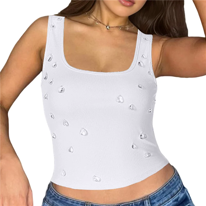

【SEE】Y2K Women's Rhinestone Decorated Ribbed Square Neck Sleeveless Cropped Top