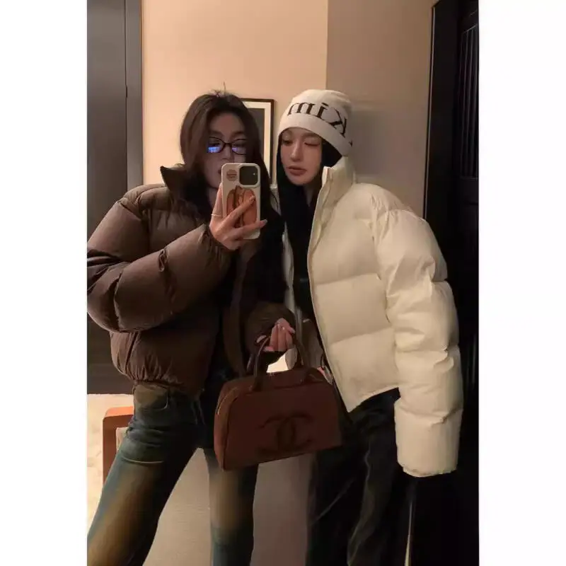 

Shorty Stand Collar Puffer Jacket Girl Winter Puffer Jacket New Fashion Temperament Keep Warm Tops Fleece-Lined Minimalist Coat