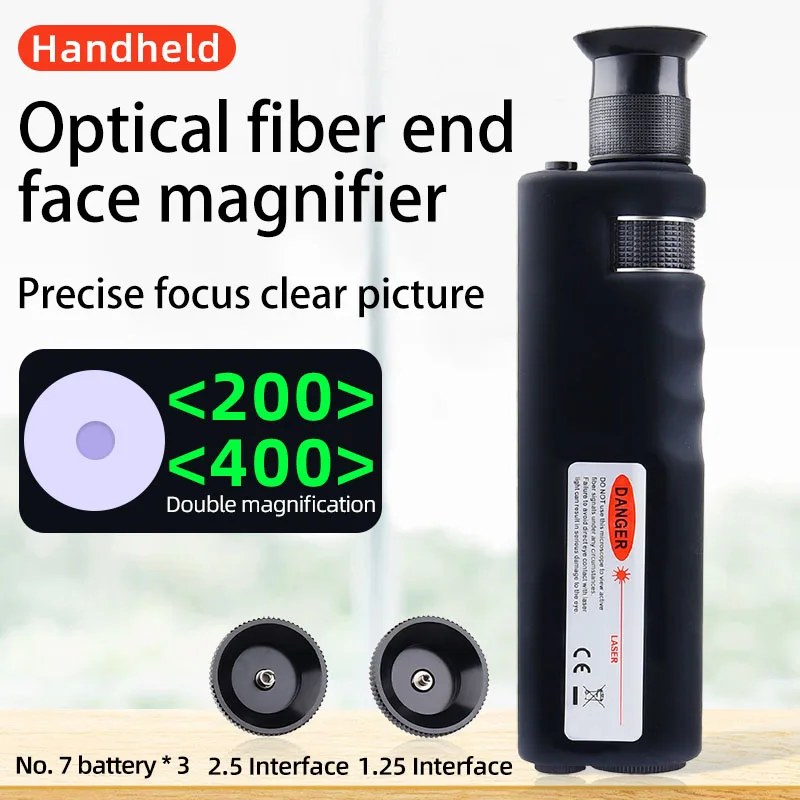 

Handheld Optical Fiber End Face Magnifier 200/400X Multiples Fiber Inspection Microscope 2.5mm(SC/FC/ST) /1.25mm(LC) Adapter