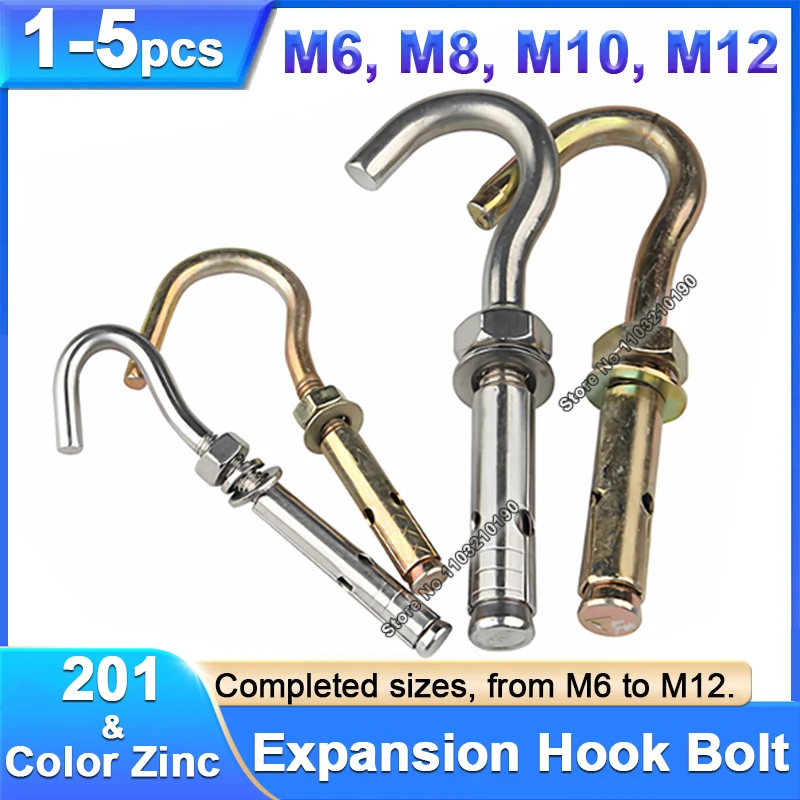 1-5pcs M6 M8 M10 M12 Expansion Hook Screws Concrete Wall Anchor Hook Heavy Duty Open Eye Hook Pull Explosion Bolts