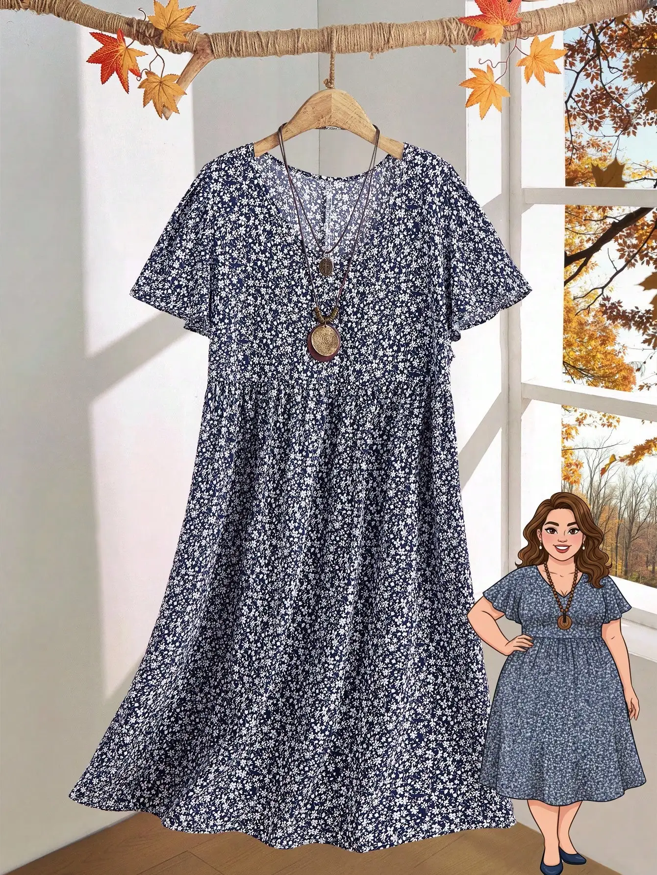

Plus Size Women's Navy Ditsy Floral A-Line Dress with Ruffle Sleeves