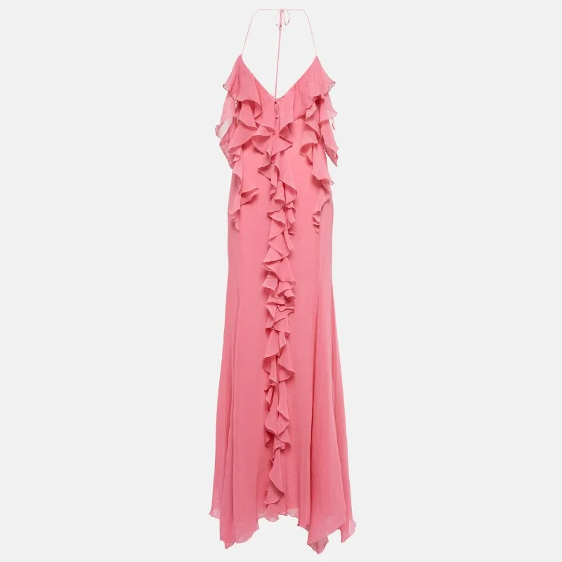 Abito lungo Boho da donna elegante con volant allentato per le vacanze Abito estivo sexy con scollo a V e scollo all'americana senza schienale Abito a strati in chiffon per feste