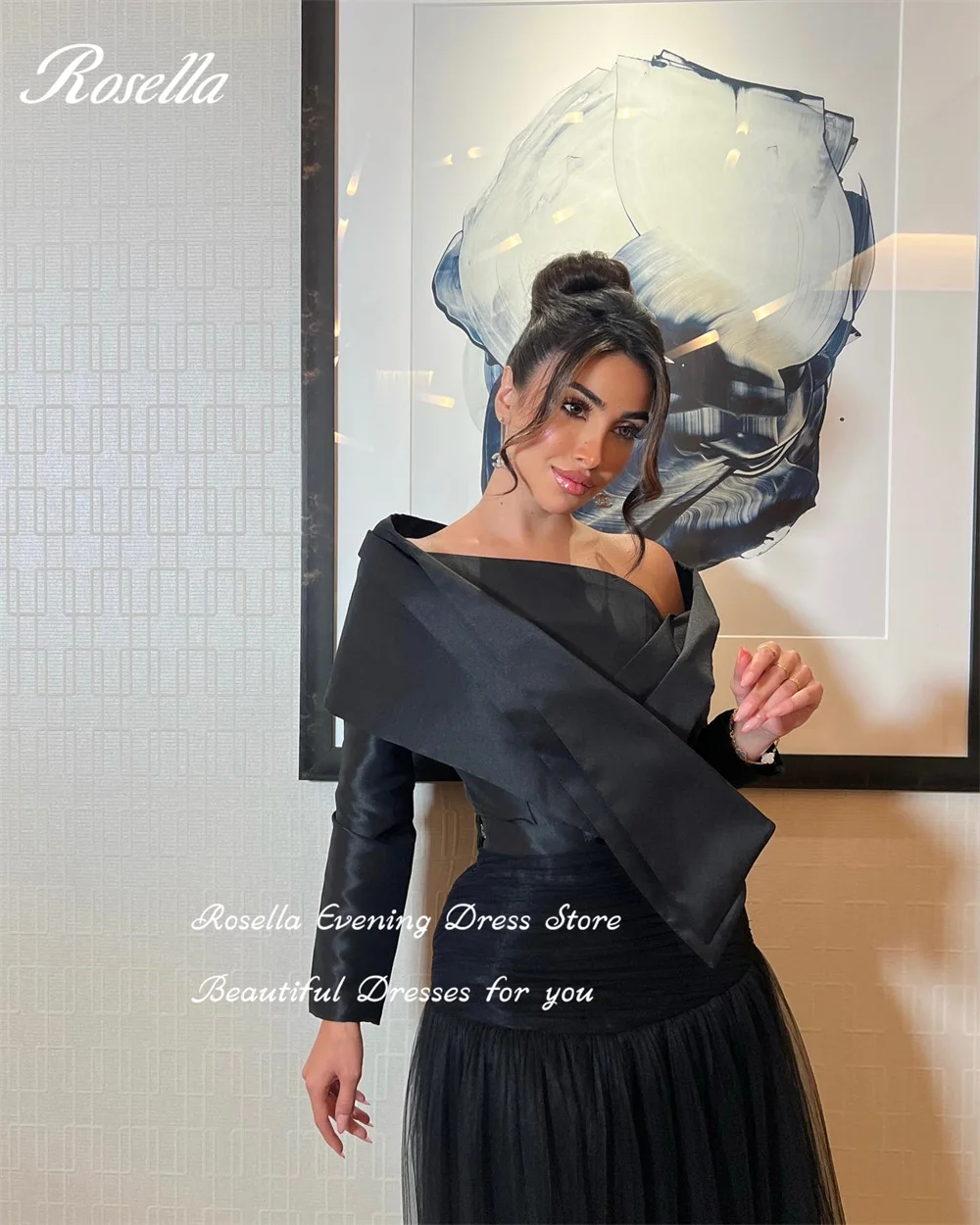 ROSELLA Off Shoulder 2023 Evening Dresses Pleated Tulle Prom Dresses Long Sleeves A Line Evening Dresses فساتين سهره