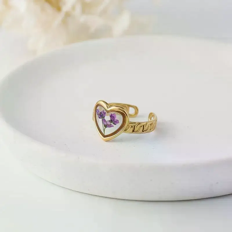 Elegant Open Finger Ring for Women Stainless Steel Heart with Dried Flower Pattern