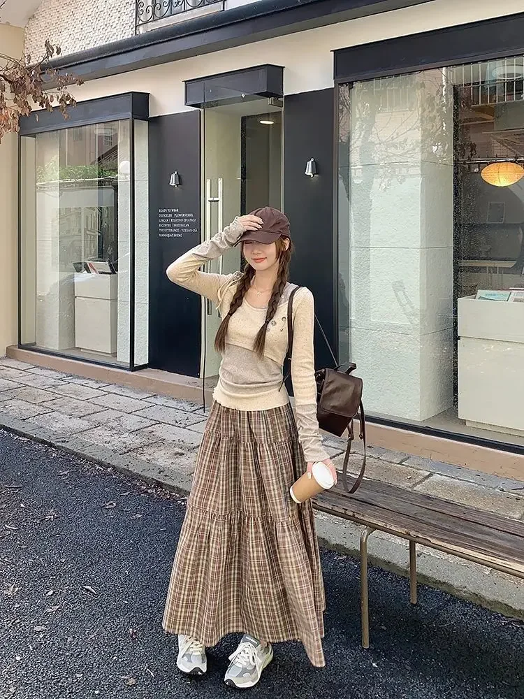 Gonna lunga da donna con stampa scozzese vintage elegante stile preppy gonne longuette Harajuku autunno inverno gonne casual a trapezio streetwear