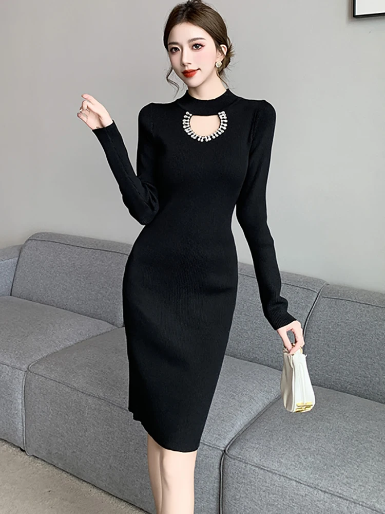 Herbst Winter Schwarz Gestrickte Diamanten Aushöhlen Sexy Midi Kleid Frauen Elegante Luxus Pullover Kleid 2025, Koreanische Bodycon Vestidos