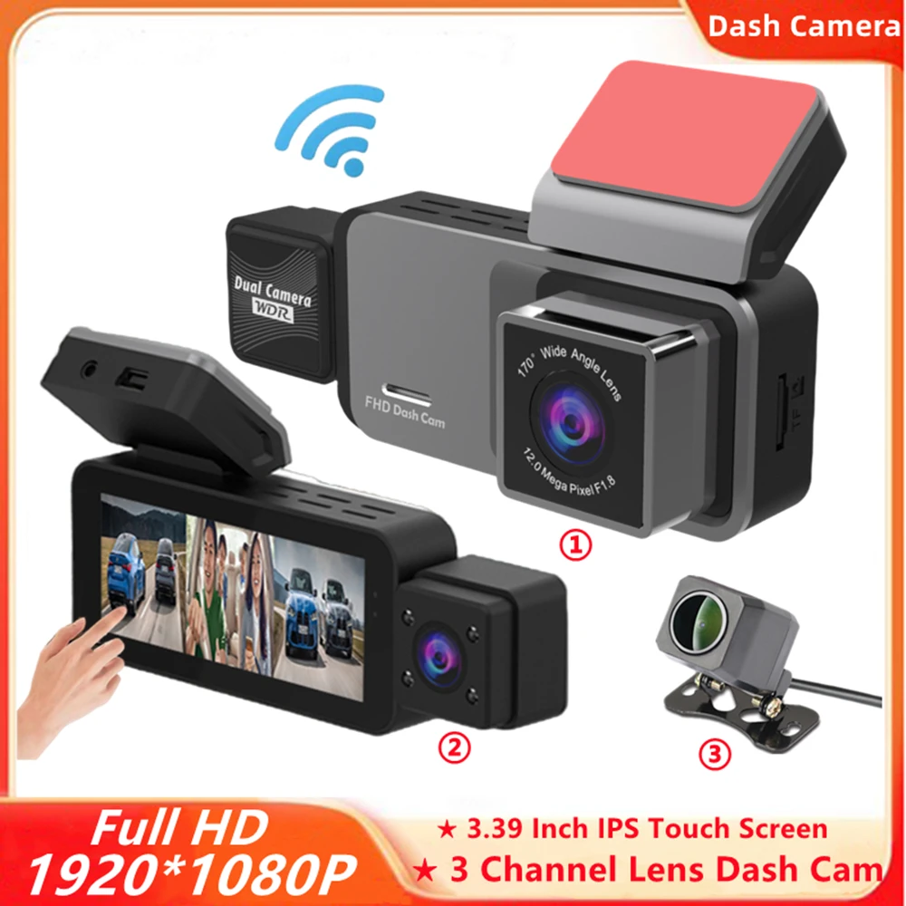 WiFi 3 Channel Dash Cam HD 1080P Built In IR Night Vision 3.39 Inch IPS Touch Screen Car Front Interior Rear G-Sensor Car DVR