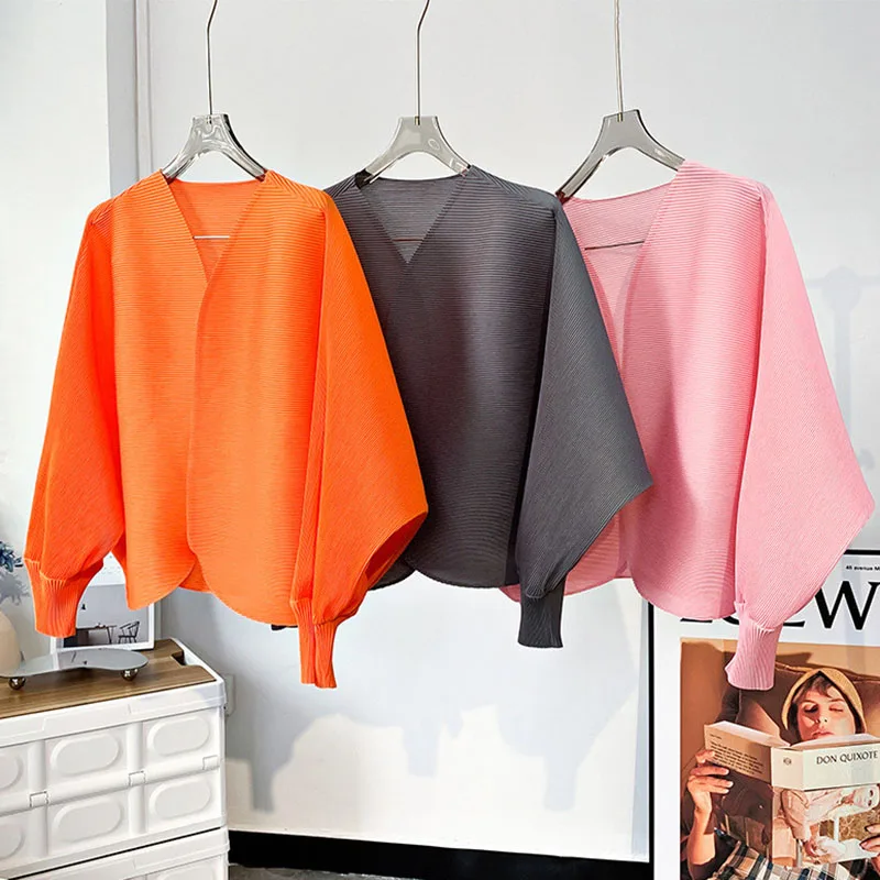 Miyake Short Jacket Loose Large Size Women's Spring Autumn New Bat Shirt Casual Pleated Versatile Cardigan Coat