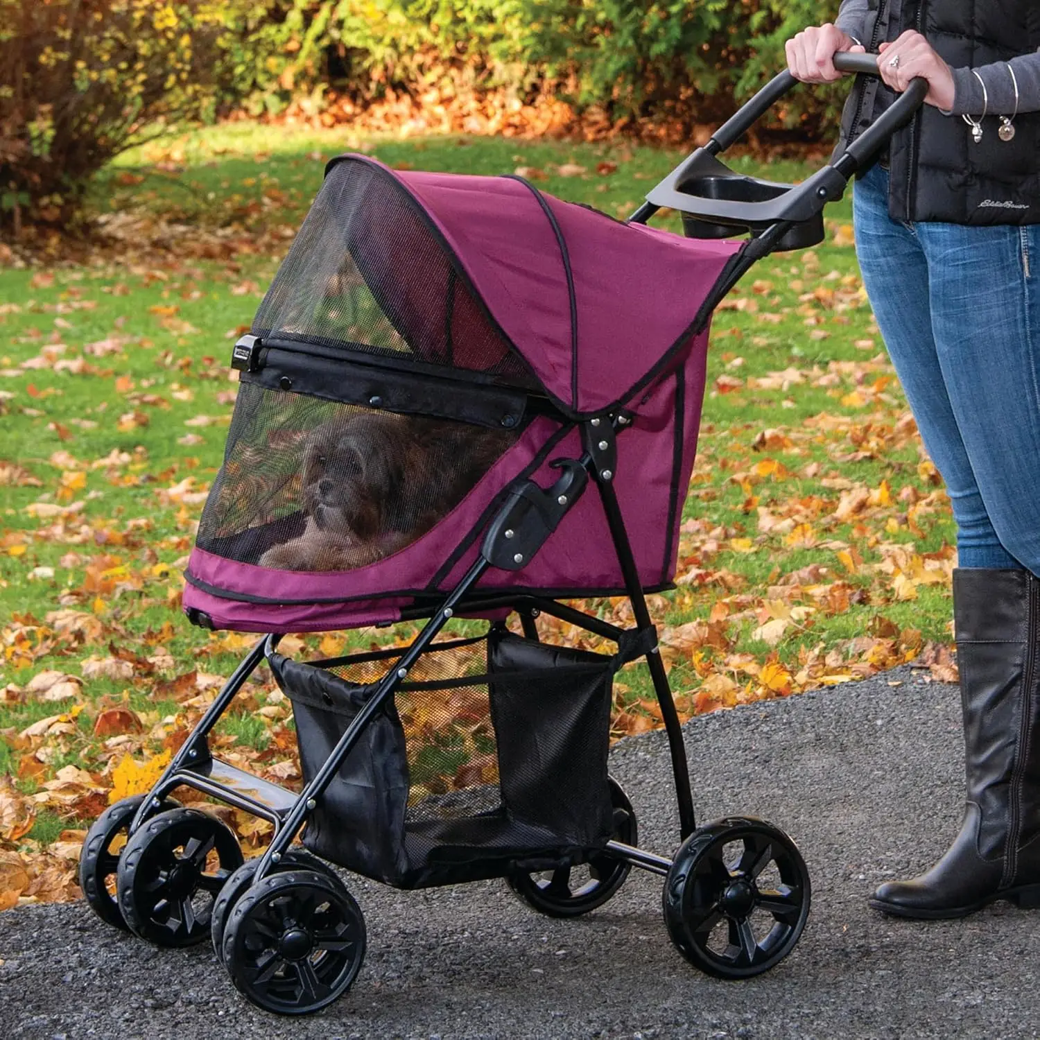 

No-Zip Happy Trails Lite Pet Stroller for Cats/Dogs Easy Fold with Removable Liner Safety Tether Storage Basket Cup Holder