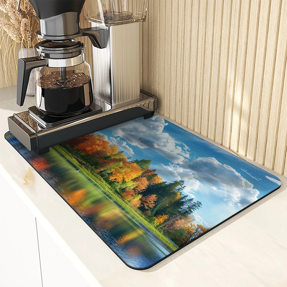 Kitchen Absorbent Drying Mat Forest Trees Lake Water Sky Kitchen Table Decoration & Accessories Color Pattern Tables Mats