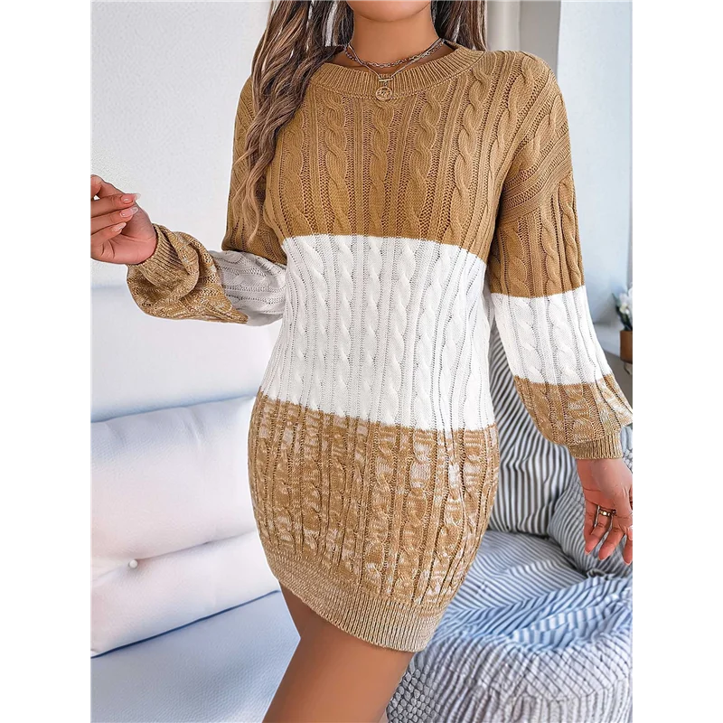 

ASDS-Women's Autumn Winter Elegant Patchwork Lantern Sleeve Cable Knit Sweater Dress