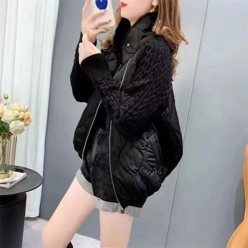 Women's Autumn Winter Tops Coat Long Sleeve Cotton Clothes Sweater Cardigan Splicing Standing Collar Knit Zipper Slim Simple New