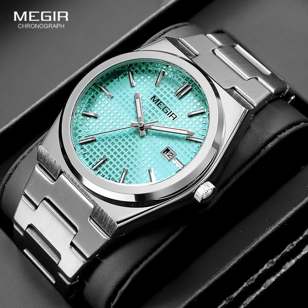 MEGIR Simple Dress Watch for Men Fashion Waterproof Luminous Analog Quartz Wristwatch with Aquamarine Dial Steel Strap Date 1086