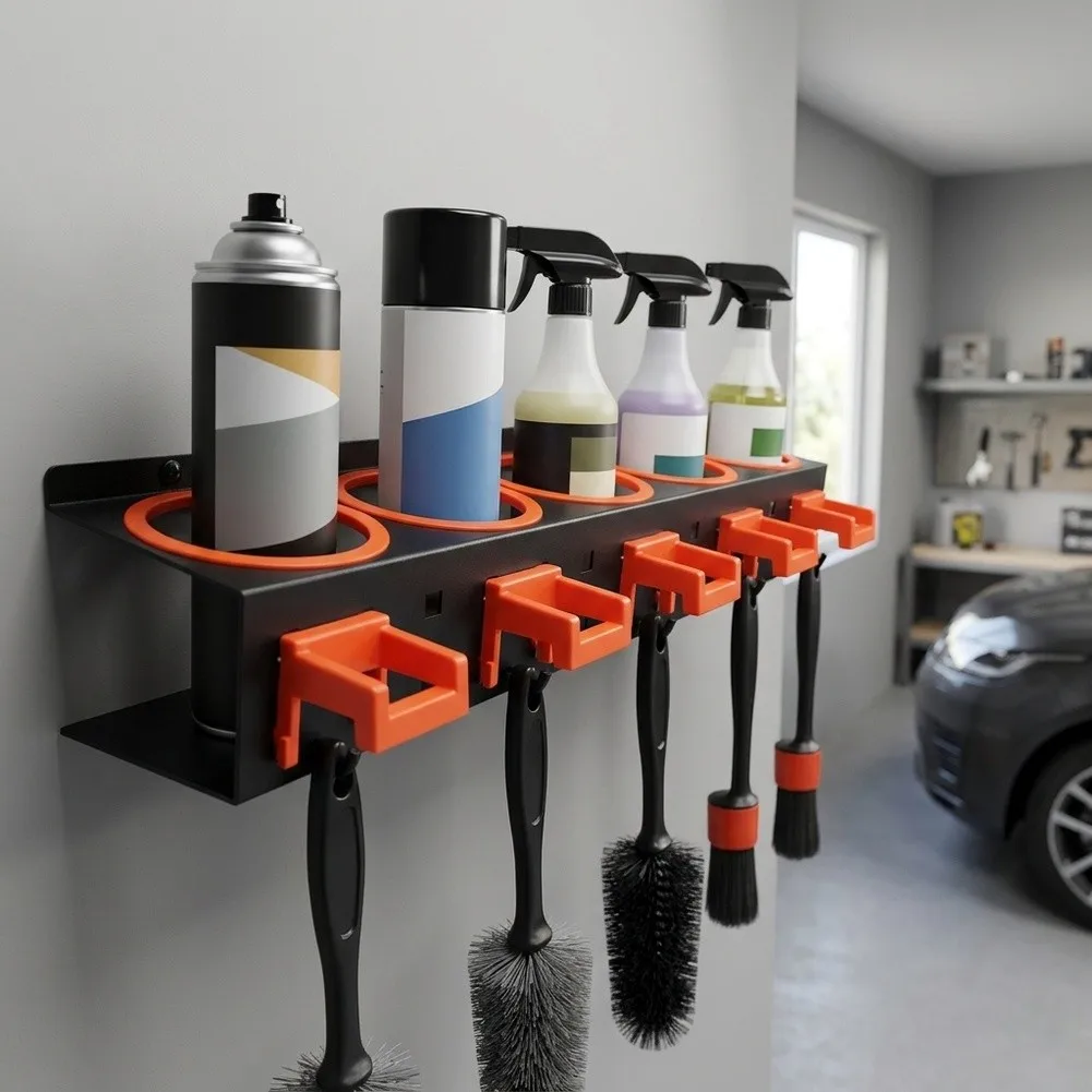 Spray Bottle Holder Wall Mounted For Space Saving Design 5 Holes 5 Hooks 53x11x8.5cm Red Black Cold Rolled Steel