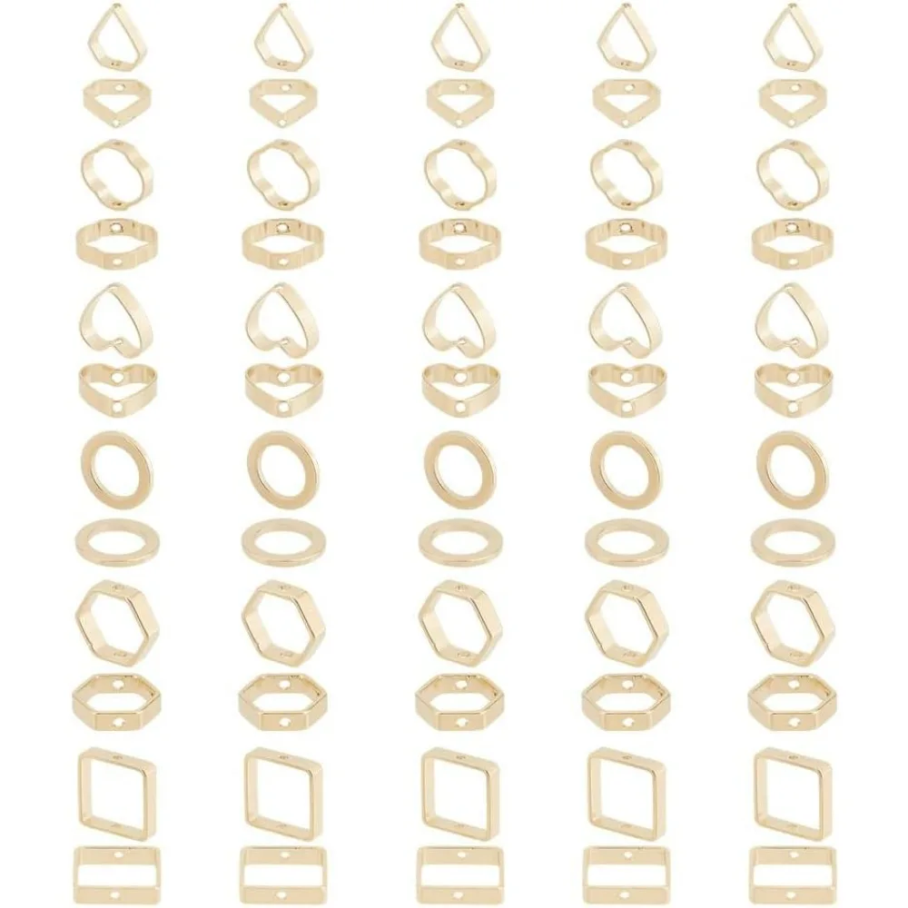 

60 Pcs 6 Styles Brass Bead Frame Real 24k Square & Flower & Heart & Ring Bead Frame Connectors Metal