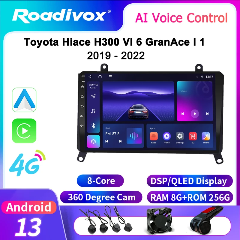 roadivox Android car radio for Toyota Hiace H300 VI 6 GranAce I 2019 2022 GPS Navigation video Multimedia Player tape recorder