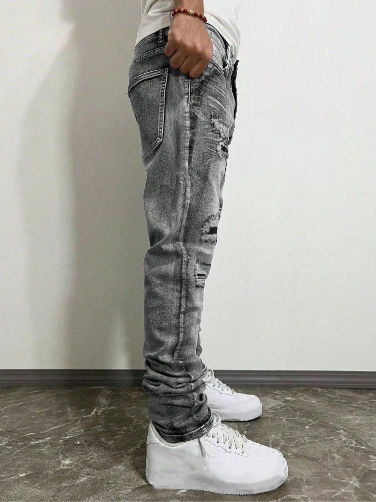 Men Grey Washed Ripped Skinny Jeans Punk Distressed Hole‑patched Slim Fit Denim Pants Popular Streetwear Casual Long Trousers