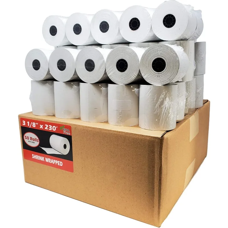 

(50 рулонов) Чековые рулоны термобумаги 3 1/8 X 230 (55 GSM, немецкая бумага премиум-качества) Подходит для всех POS-кассовых аппаратов, не содержит BPA