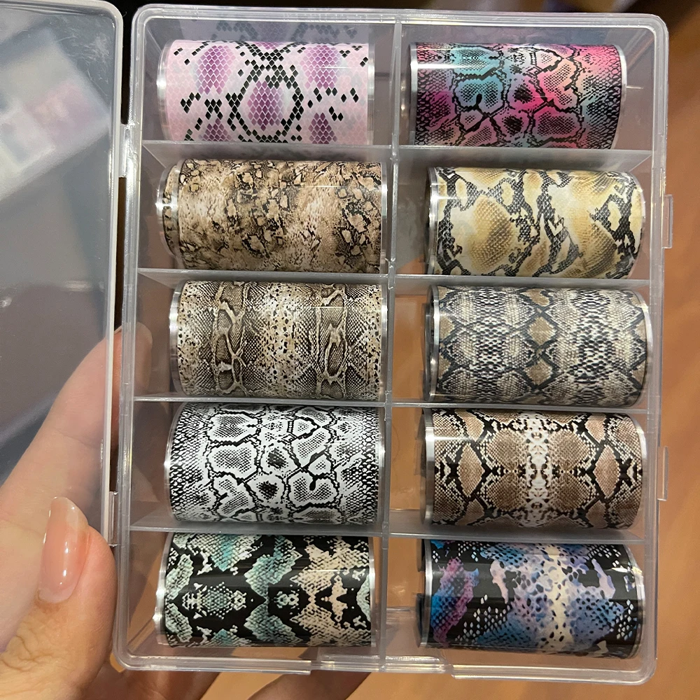10 Rolls/Box Nail Art Transfer Foils Set Snake Skin Marble Christmas Snowflake Mix Design Stickers Decals DIY Manicure Wraps Pac