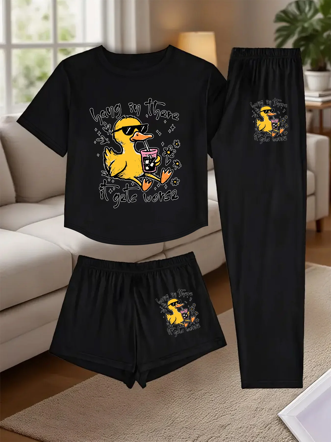 

Женский пижамный комплект из 3 предметов, одежда для сна с милым принтом утки и медоносных пчел, одинаковые шорты и футболка, серо-желтая пижама для -Like Co