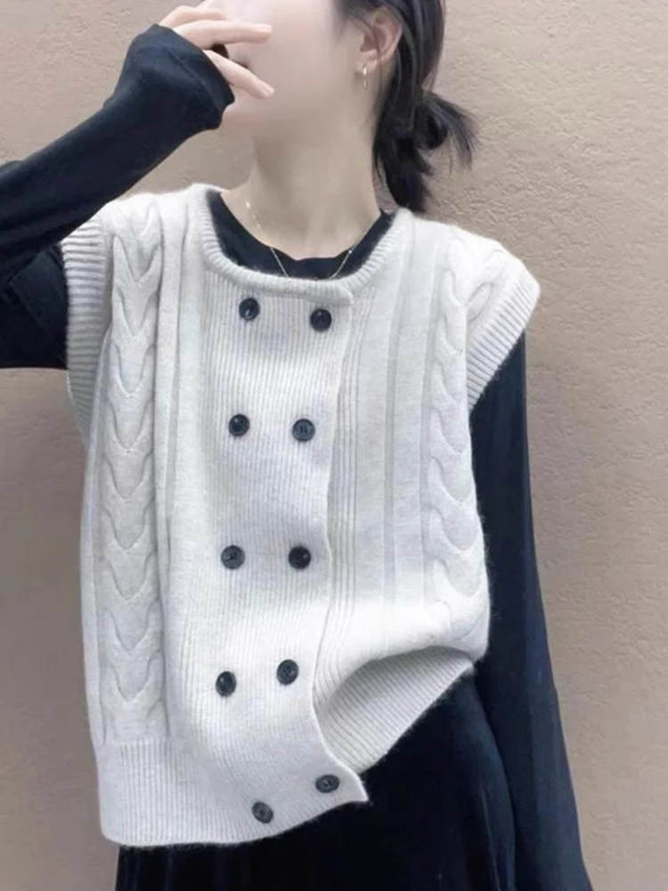 เสื้อกั๊กถักแบบกระดุมสองแถว เสื้อคลุมคาร์ดิแกนแบบเปิด ทรงหลวม สไตล์ต้นฤดูใบไม้ร่วง พร้อมแผ่นเสริมไหล่ แฟชั่นทันสมัยสำหรับผู้หญิง