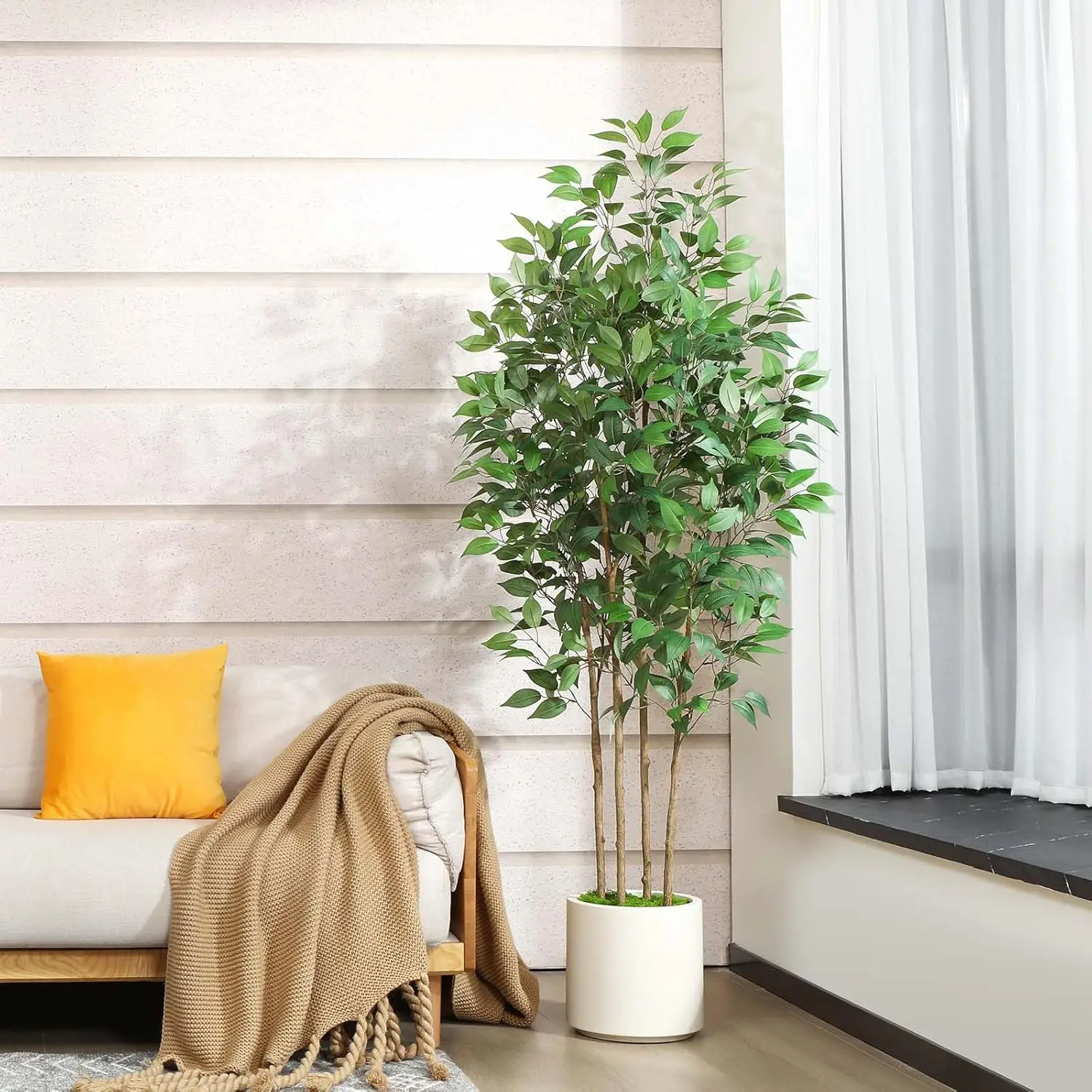 Ficus Artificial Tree 6ft Fake Silk Plant for Home Decor Indoor, Faux Floor Tree in White Imitation Ceramic Planter with Green