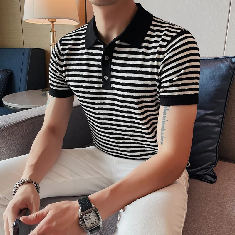 2023 Men's Summer Ice Silk Short Sleeves Polo Shirts/Male Slim Fit Stripe Casual High Quality Shirts Plus Size S-4XL