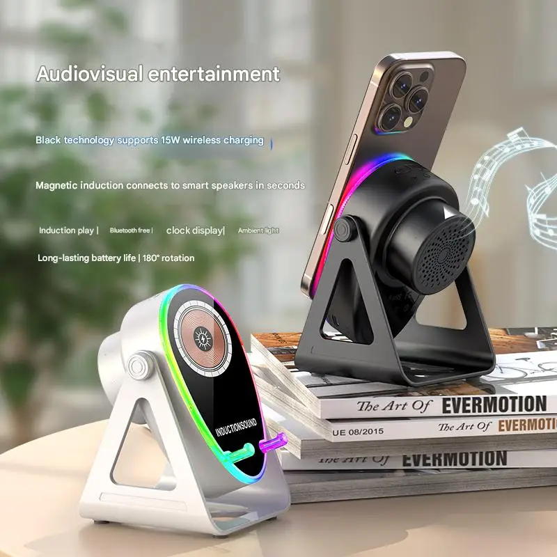 Soporte para teléfono con altavoz de carga inalámbrica: carga rápida de 15 vatios, Bluetooth 5.3, luz ambiental adecuada para todos los teléfonos