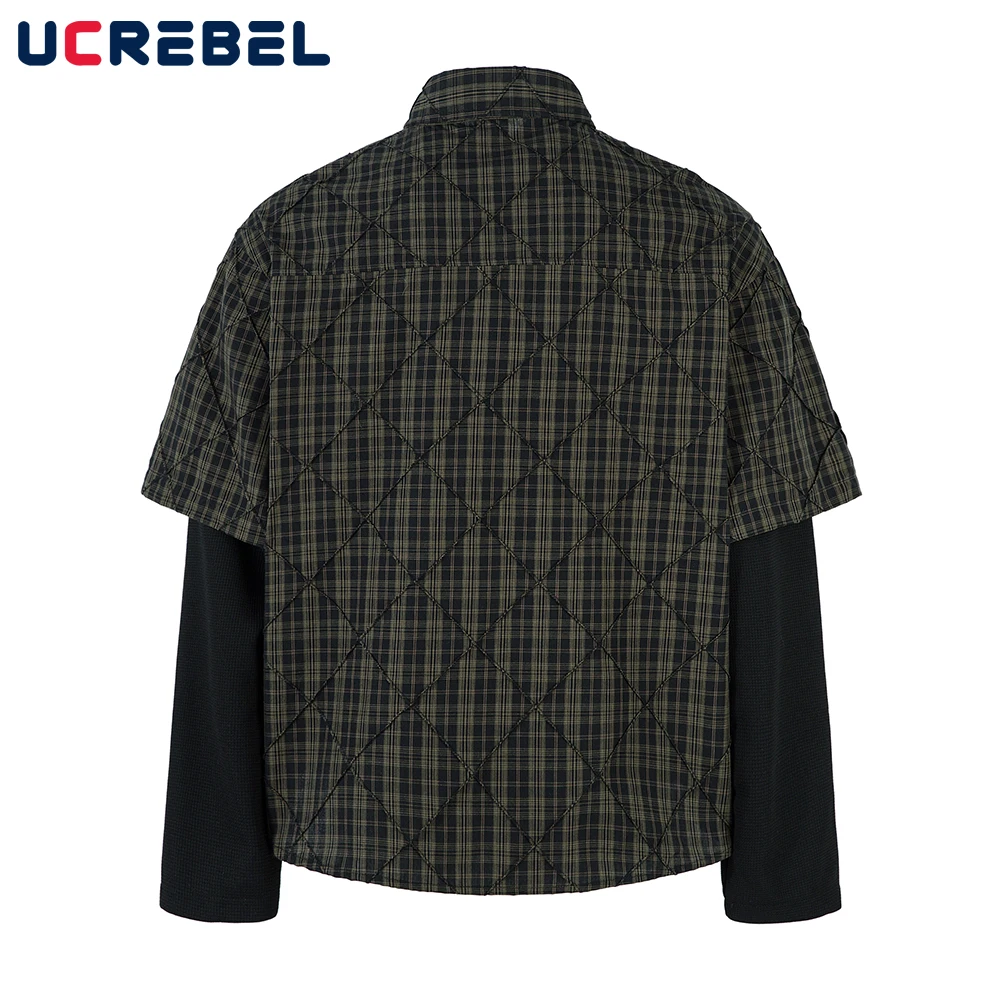 Plaid Spliced Fake Two Pieces Shirts Mens High Street Spring Loose Single Breasted Long Sleeve Lapel Shirts Shirts Men