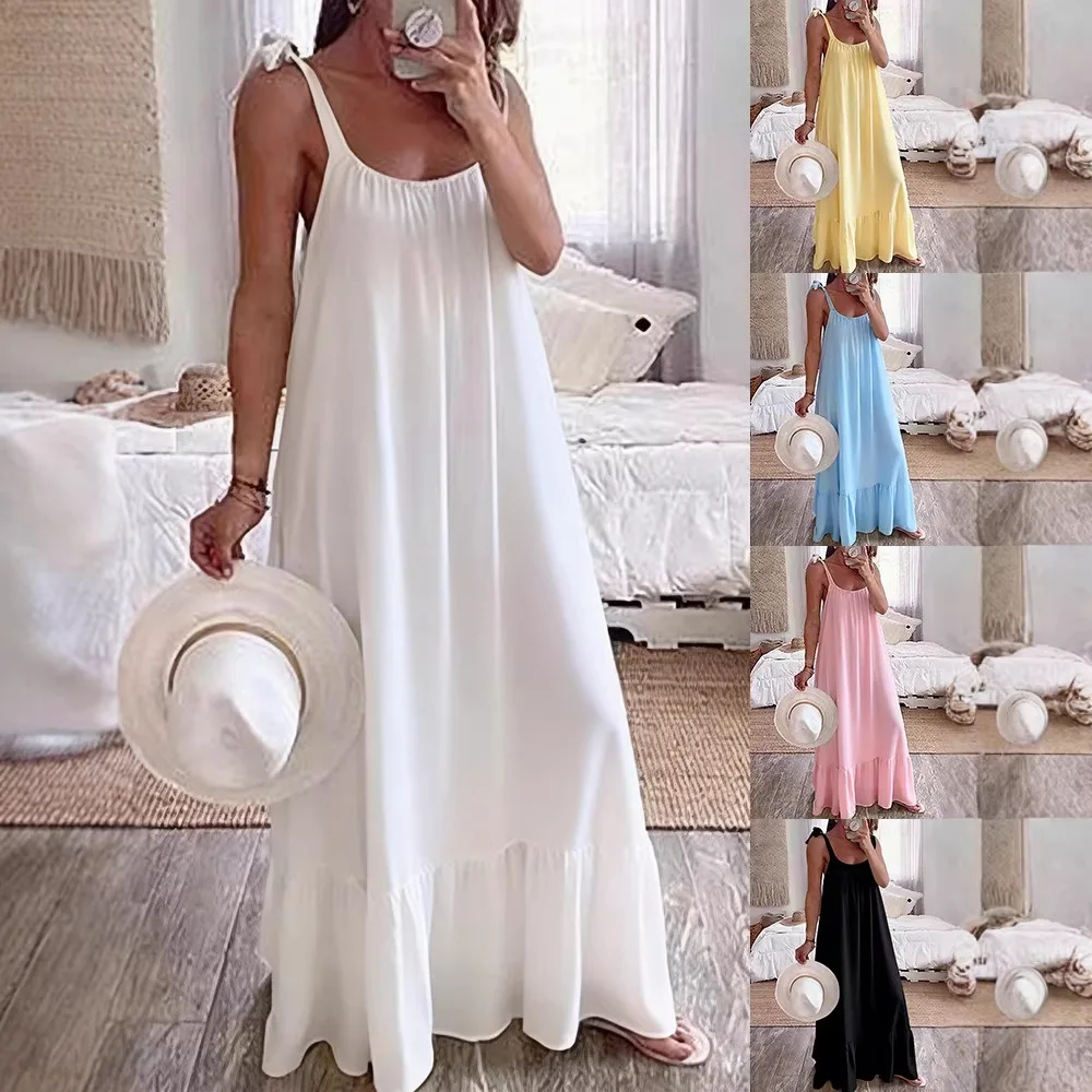 

2026 Women's Summer New Fashion Solid Color Casual Loose Versatile Suspender U Neck Pleat Simple Beach Style Dress for Women