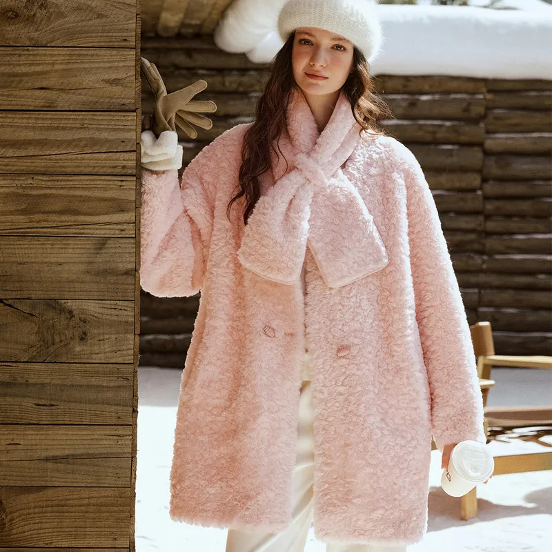 OLrain manteau de fourrure femme épaissi mi-long Style français 2025 femmes manteaux d'hiver avec écharpe col rond dame vestes WGO57DP003622