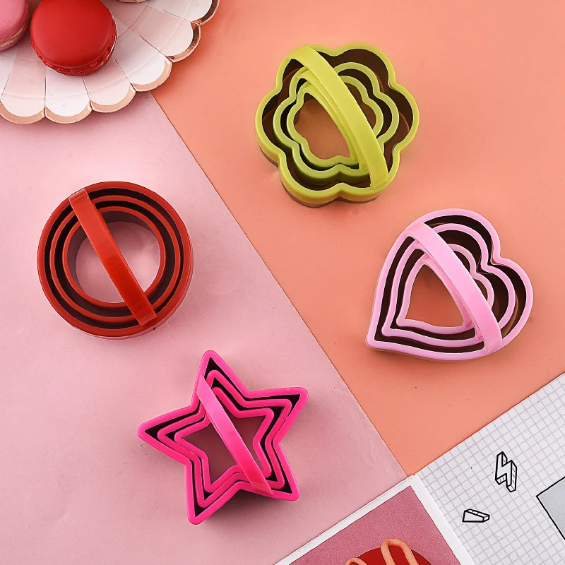 3PCS Stainless Steel Cookie Cutter With Plastic Handle Flower Heart Five-Pointed Star Shaped Baking Fondant Decoration Cake Mold