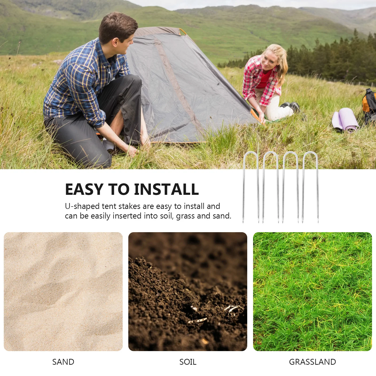 4Pcs Heavy Duty U-Shaped Ground Stakes Garden Lawn Fixing Tent Pegs Camping Anchors Trampoline Anchor Kit Tent Pegs
