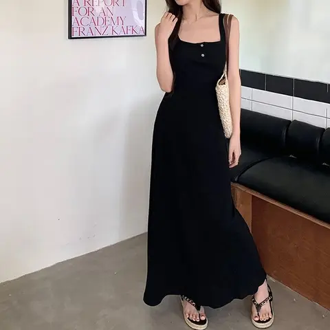 Rimocy 섹시한 블랙 스퀘어 칼라 롱 드레스 여성 여름 스파게티 스트랩 비치 드레스 여성 2024 버튼 민소매 Maxi Sundress