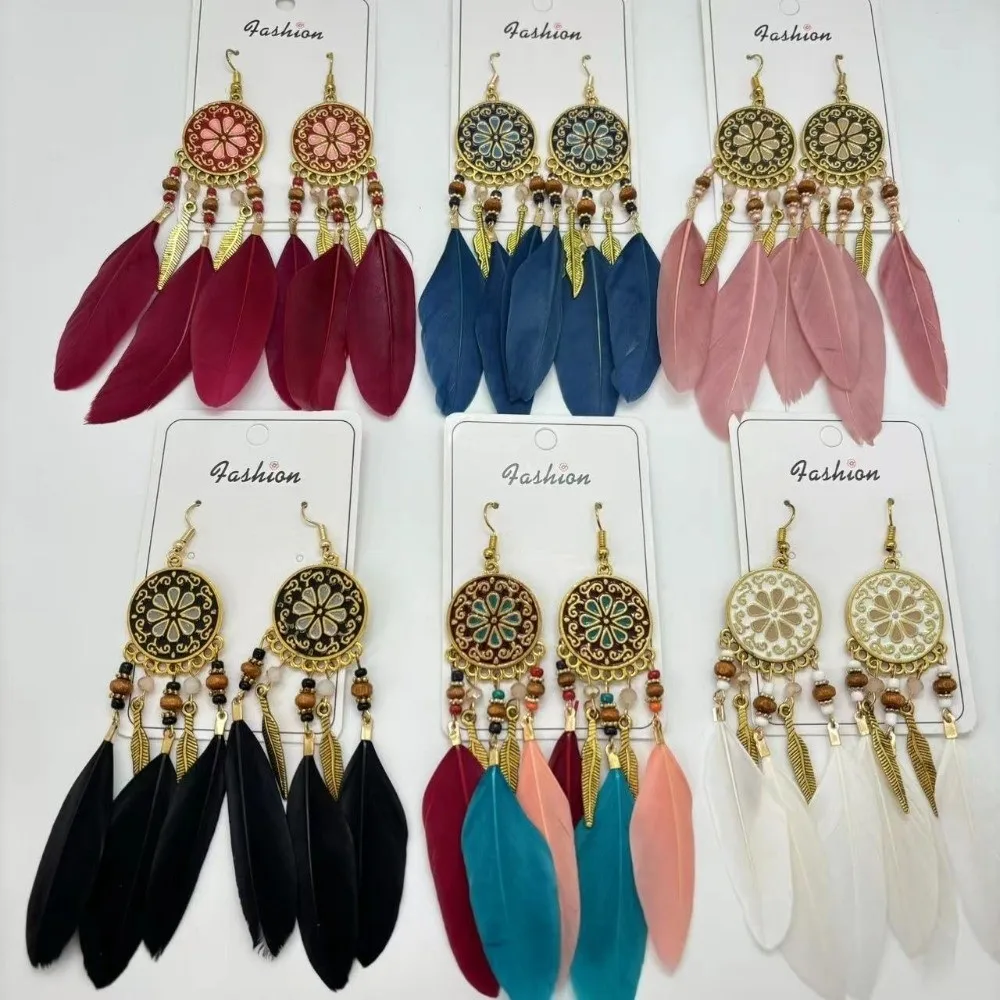 Boho Feather Earrings Ethnic Dream Catcher Long Dangle Tassel Earring Jewelry Accessories Leaf Shape Women Drop Earrings Wedding