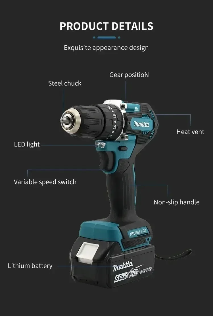 Makita 18V LXT Bürstenloser Bohrschrauber DDF487 60N Drehmoment 0-500/0-1700 U/min 0,3-10mm Bohrfutter für die Installation von Zaun- und Torriegeln – Detail 6