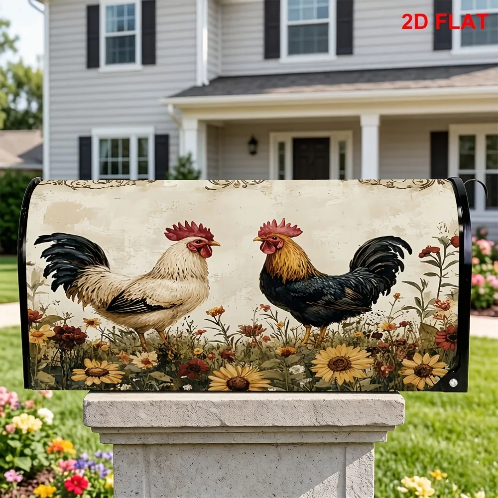 1pc Rooster mailbox cover with vintage sunflower and wildflower, suitable for outdoor mailbox decoration for yards and gardens.
