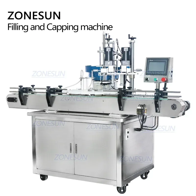 ZONESUN ZS-AFC1 Automatic 2Heads Liquid Filling Capping Machine With Cap Feeder 3 in 1 Rotary Perfume Essential Oil