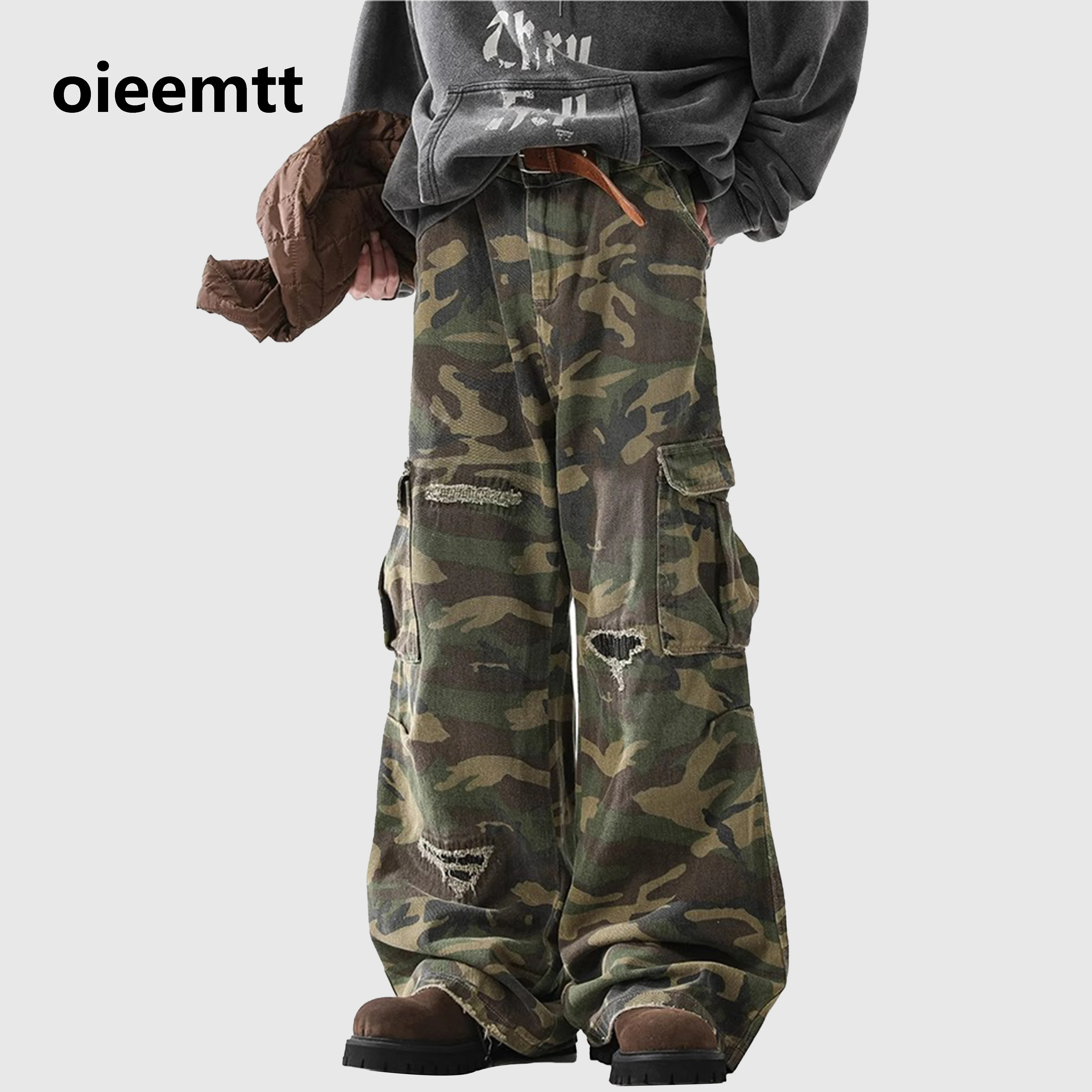 100%cotton Camo Vintage Distressed Ripped Hole Wide Leg Trousers Casual Camouflage Cargo Pants Side Pocket Long Pants for Unisex