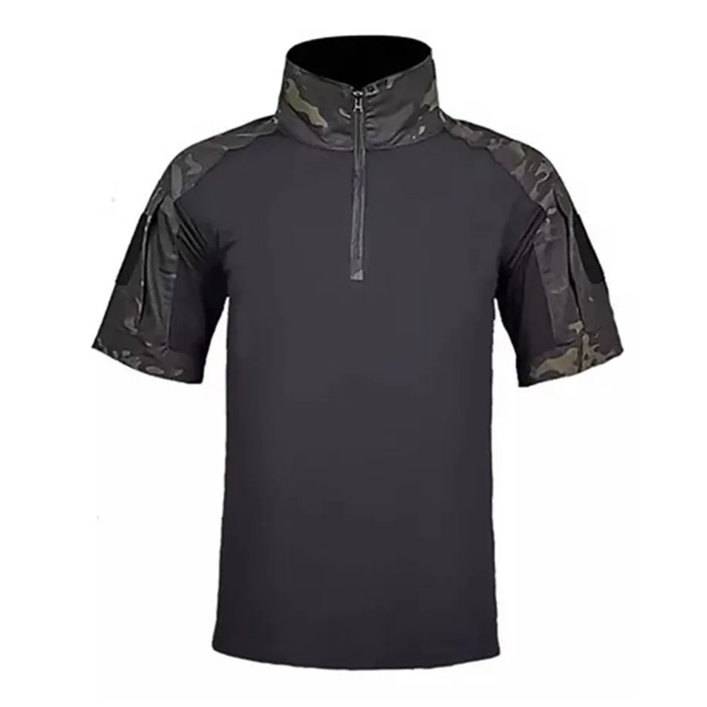 Men Short Sleeve Tactical Polo Shirt Half‑Zip Collar 65%Polyester 35%Cotton 220GSM Outdoor Training Camouflage T‑Shirt Multiple