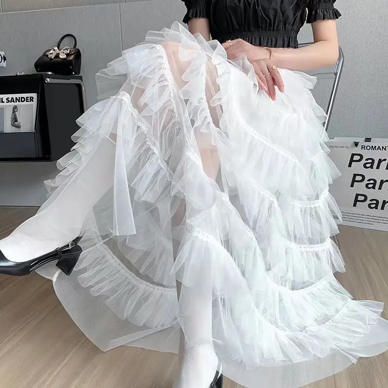 Pink Khaki Black Cake Skirts Women Korean Mesh High Waist Maxi Long Skirt Female Tulle Skirts Tiered Tutu Party Faldas