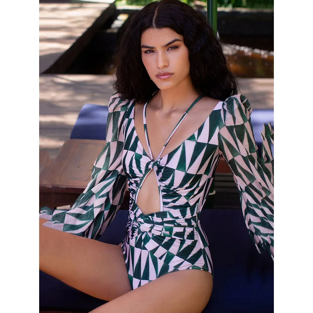 Bañador de una pieza para mujer, traje de baño de manga larga, Monokini con estampado de vendaje, traje de baño negro Sexy con cordón, ropa de playa sin espalda 2021